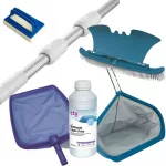 Pack nettoyage manuel piscine Confort – gel ligne d’eau, épuisettes, brosse paroi/fond, manche télescopique