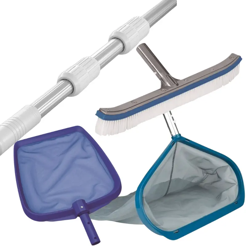 Pack Nettoyage Manuel Piscine Essentiel Pack nettoyage manuel piscine Essentiel – épuisette de fond piscine, épuisette de surface piscine, manche télescopique piscine, brosse piscine courbe