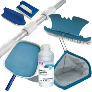 Pack Nettoyage Manuel Piscine Premium — Matériel renforcé Pack nettoyage manuel piscine Premium – épuisette surface alu, épuisette fond alu, brosses ligne d’eau, gel CTX-56, manche télescopique