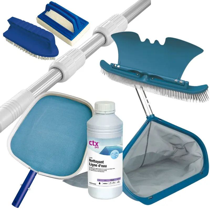 Pack Nettoyage Manuel Piscine Premium — Matériel renforcé Pack nettoyage manuel piscine Premium – épuisette surface alu, épuisette fond alu, brosses ligne d’eau, gel CTX-56, manche télescopique