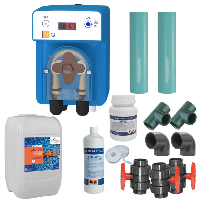 Pack régulation pH automatique piscine STAR 20 pH LED by-pass Ø50 pH Minus 20 L