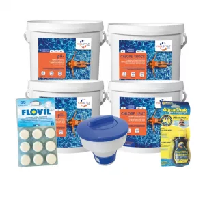 Pack remise en route piscine Confort – chlore choc + chlore lent 4 kg + pH- / pH+ + Aquachek + Flovil
