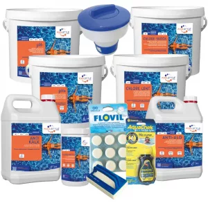 Pack remise en route piscine Premium – eau nickel + prévention – chlore choc + anti-algues + anti-calcaire + ligne d’eau