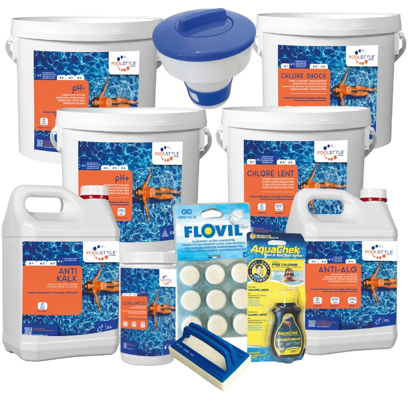 Pack remise en route piscine Premium – eau nickel + prévention – chlore choc + anti-algues + anti-calcaire + ligne d’eau