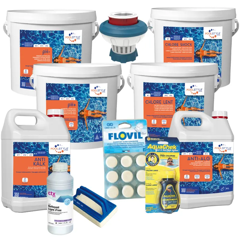 Pack remise en route piscine Premium – eau nickel + prévention – chlore choc + anti-algues + anti-calcaire + ligne d’eau