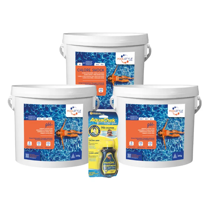 Pack remise en route piscine Essentiel pH- – pH Minus x2 + chlore choc 4 kg + bandelettes AquaChek