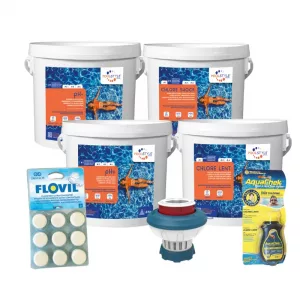 Pack remise en route piscine Confort – chlore choc + chlore lent 4 kg + pH- / pH+ + Aquachek + Flovil Pack remise en route piscine Confort – chlore choc + chlore lent 4 kg + pH- / pH+ + Aquachek + Flovil