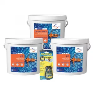Pack Remise en Route Piscine — pH trop haut (Essentiel) Pack remise en route piscine Essentiel pH- – pH Minus x2 + chlore choc 4 kg + bandelettes AquaChek