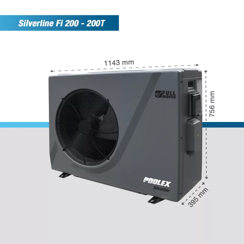 Schéma des dimensions pompe à chaleur Poolex Silverline Fi 200 et Fi 200T (L x H x P en mm)