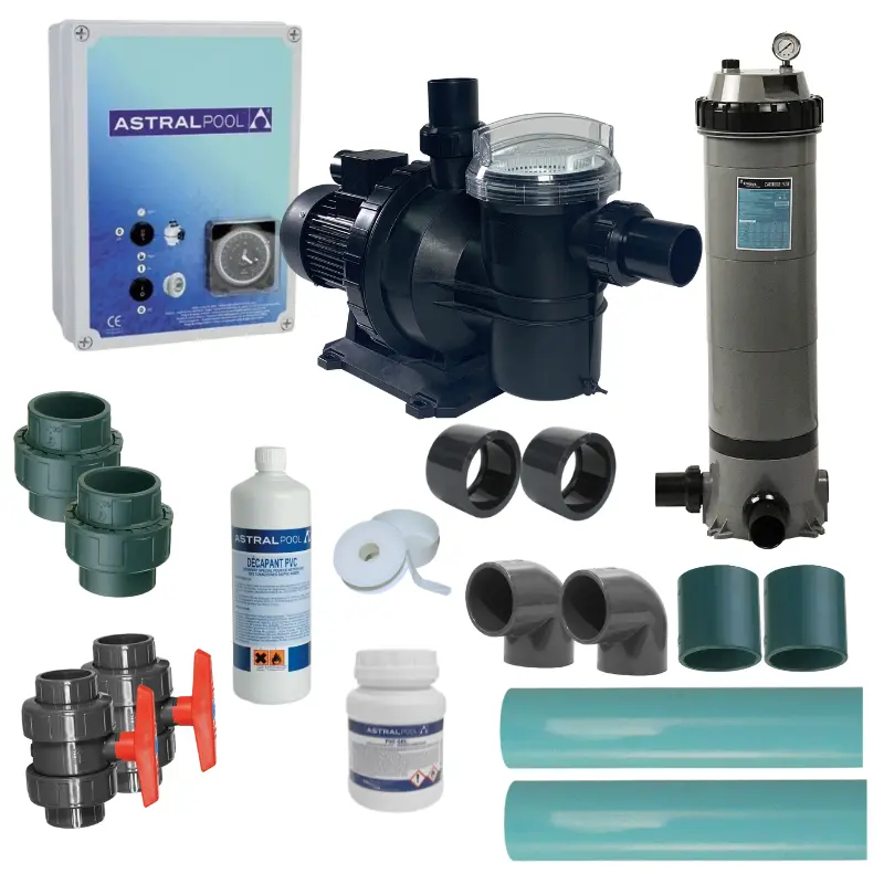Pack filtration cartouche avec coffret 80 m3 Tonicline 150 Netflux 100 kit Ø50 réductions 63/50