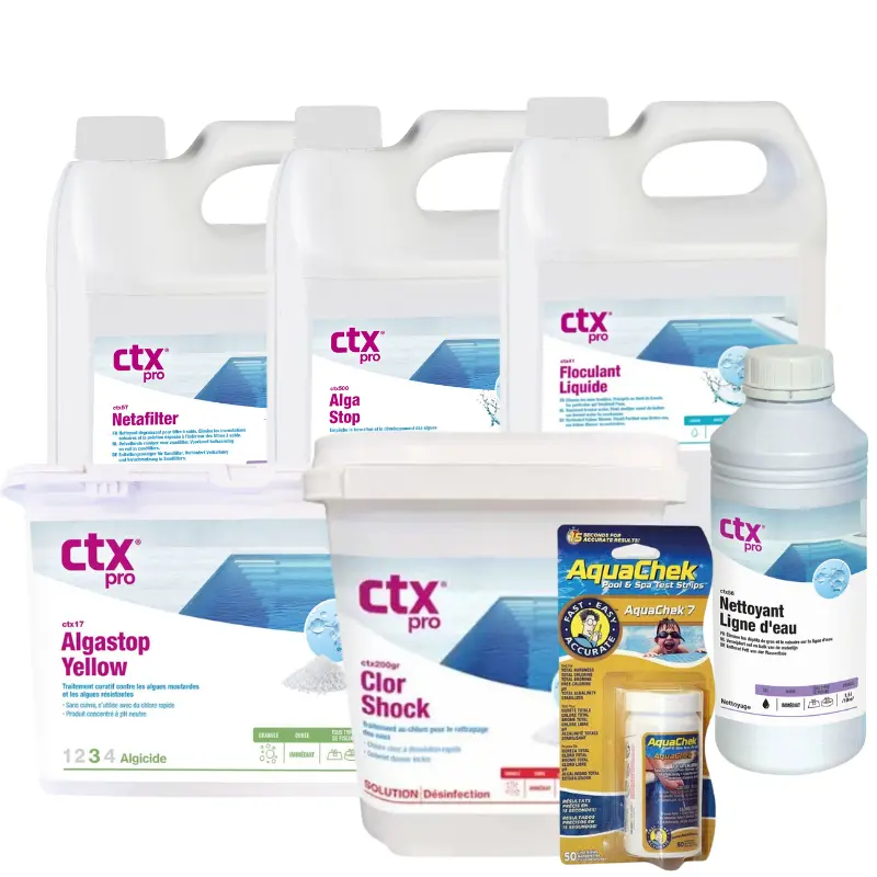 Pack algues moutarde piscine Premium – CTX-17 + CTX-200GR / CTX-131 + CTX-41 + AquaChek 7 + CTX-57 + CTX-56 + CTX-500