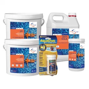 Pack anti-calcaire piscine Confort avec anti-calcaire 5 L, nettoyant ligne d’eau gel 1 kg, 2 pH Minus 5 kg et Aquachek 7
