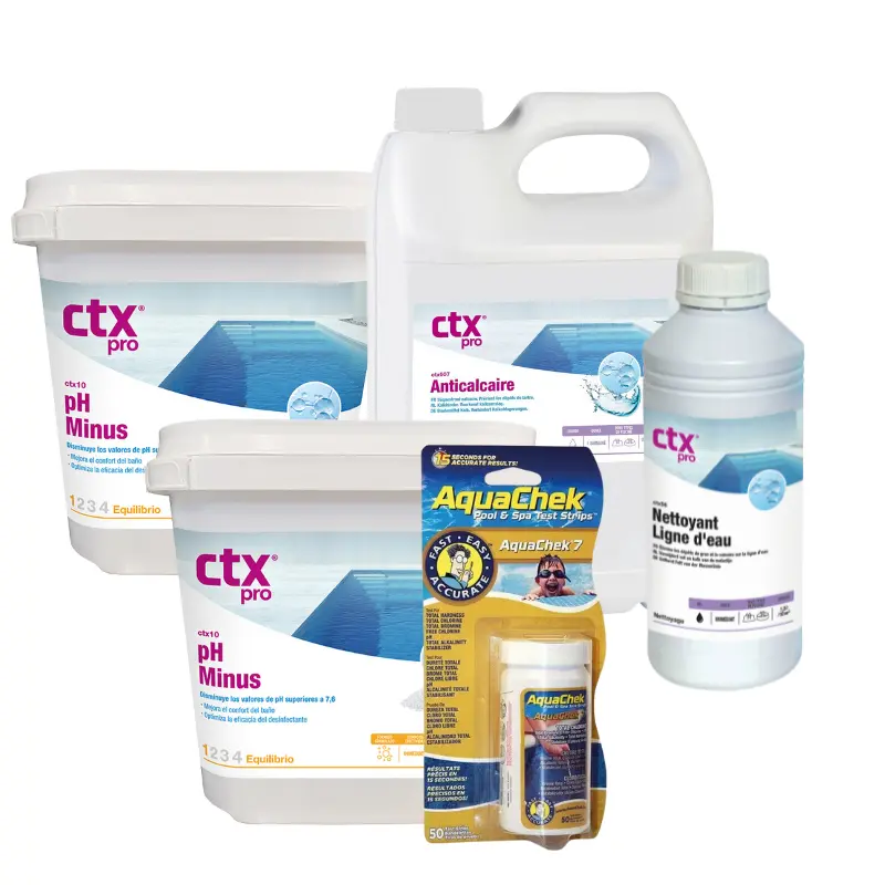 Pack anti-calcaire piscine Confort – CTX-607 5 L + CTX-56 Netoline + AquaChek 7 + pH Minus CTX-10