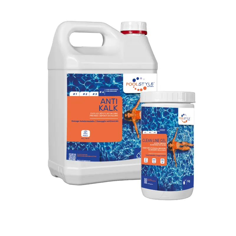 Pack anti-calcaire piscine Essentiel avec anti-calcaire 5 L et nettoyant ligne d’eau gel 1 kg