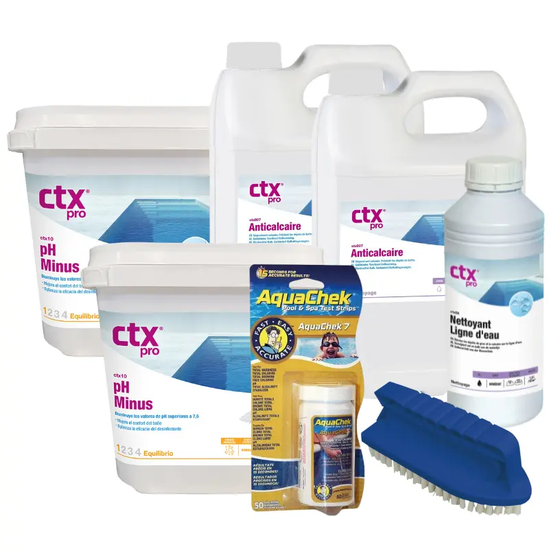 Pack anti-calcaire piscine Premium – CTX-607 x2 + CTX-56 Netoline + AquaChek 7 + pH Minus CTX-10 + brosse ligne d’eau
