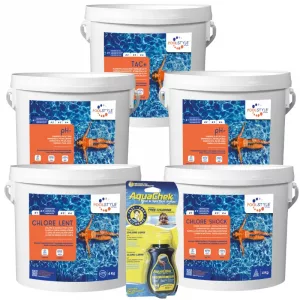 Pack chlore choc piscine Confort avec AquaChek 4-en-1, TAC Plus, pH Minus x2, chlore choc et chlore lent 4 kg