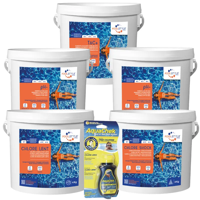Pack chlore choc piscine Confort avec AquaChek 4-en-1, TAC Plus, pH Minus x2, chlore choc et chlore lent 4 kg