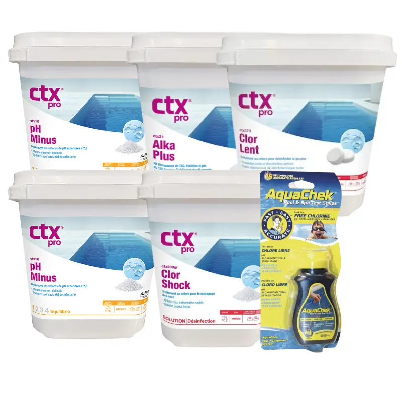 Pack chlore choc piscine Confort – AquaChek 4-en-1 + 2x pH Minus CTX-10 + Alka Plus CTX-21 + CTX-200GR + chlore lent CTX-370
