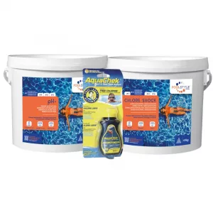 Pack chlore choc piscine Essentiel avec testeur AquaChek, pH Minus 5 kg et chlore choc granulés 4 kg