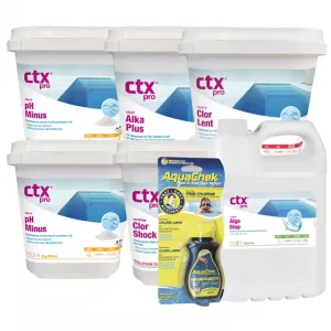 Pack chlore choc piscine Premium – AquaChek 7 + 2x pH Minus CTX-10 + Alka Plus CTX-21 + CTX-200GR + CTX-500 + chlore lent CTX-370
