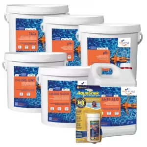 Pack chlore choc piscine Premium avec AquaChek 7, TAC Plus, pH Minus x2, chlore choc, chlore lent 4 kg et anti-algues 5 L