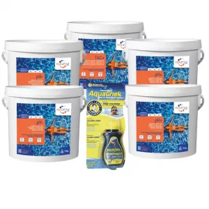 Pack correcteur pH piscine Confort – AquaChek jaune 4-en-1 + TAC Plus 5 kg + 2x pH Plus 5 kg + 2x pH Minus 5 kg
