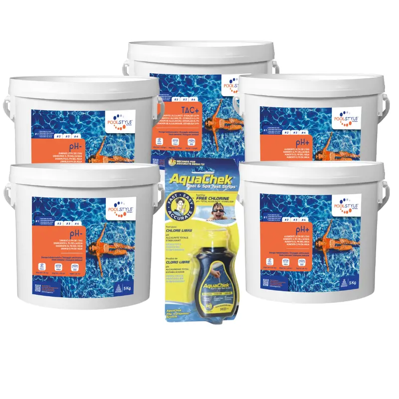 Pack correcteur pH piscine Confort – AquaChek jaune 4-en-1 + TAC Plus 5 kg + 2x pH Plus 5 kg + 2x pH Minus 5 kg