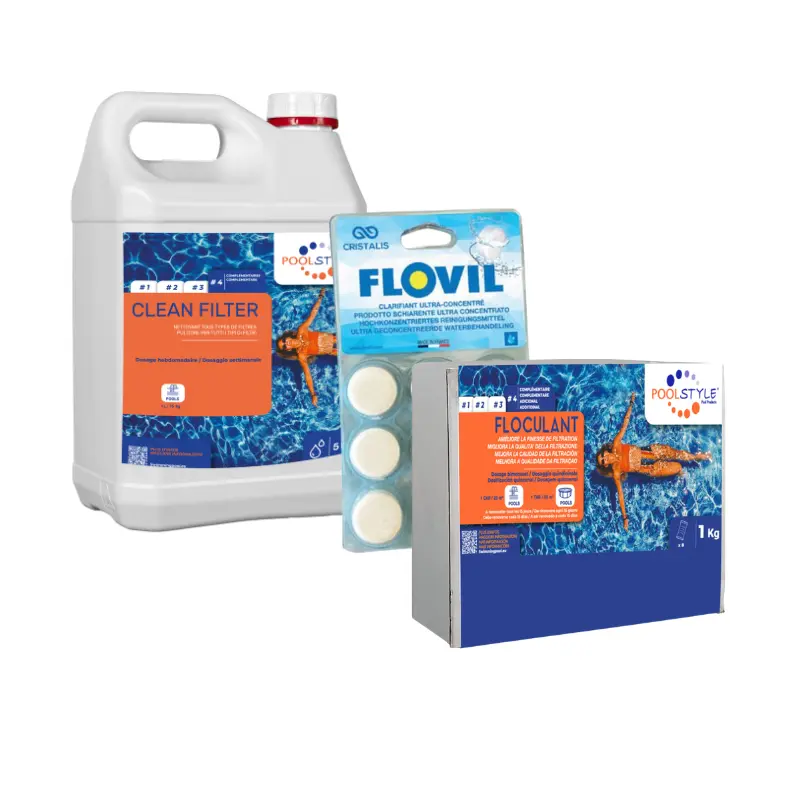 Pack eau trouble piscine Confort – FLOVIL 9 pastilles + FLOC TAB 1 kg + Nettoyant filtre 5 L