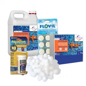 Pack eau trouble piscine Premium – diagnostic, floculants, nettoyant filtre, balles de filtration