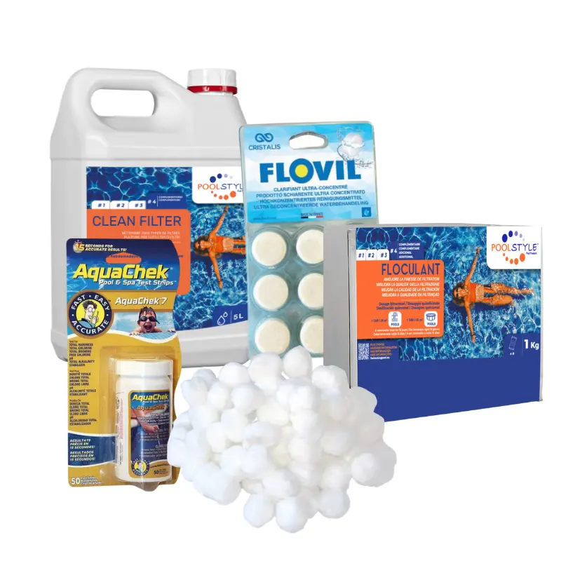 Pack eau trouble piscine Premium – diagnostic, floculants, nettoyant filtre, balles de filtration