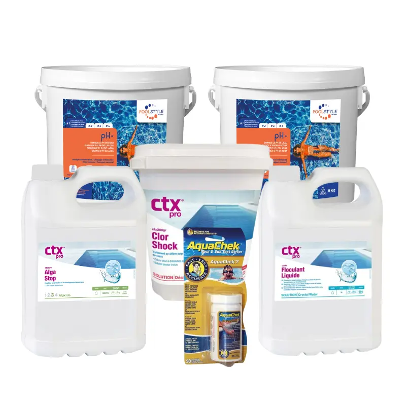Pack eau verte piscine Confort – chlore choc 5 kg + anti-algues 5 L + floculant 5 L + pH- / pH+ + AquaChek 7
