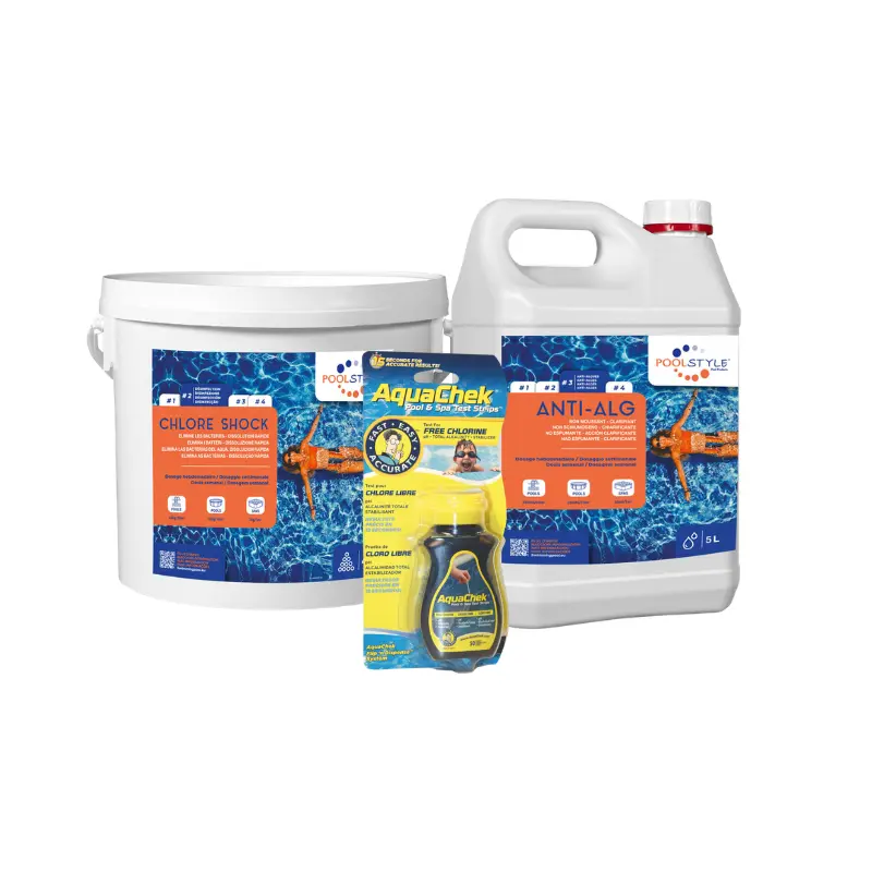 Pack eau verte piscine Essentiel : bandelettes 4-en-1, chlore choc granulés, anti-algues