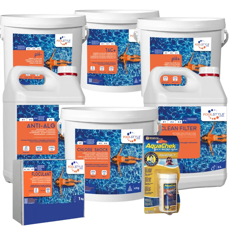 Pack eau verte piscine Premium avec Aquachek 7, chlore choc, anti-algues, floculant, correcteurs pH, nettoyant filtre et TAC Plus