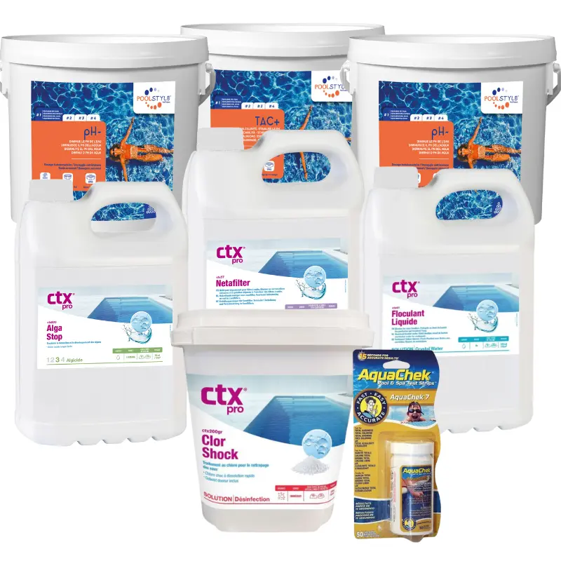 Pack eau verte piscine Premium – chlore choc 5 kg + anti-algues x2 + floculant 5 L + Aquachek 7 + pH-/pH+ + TAC+ + Netafilter