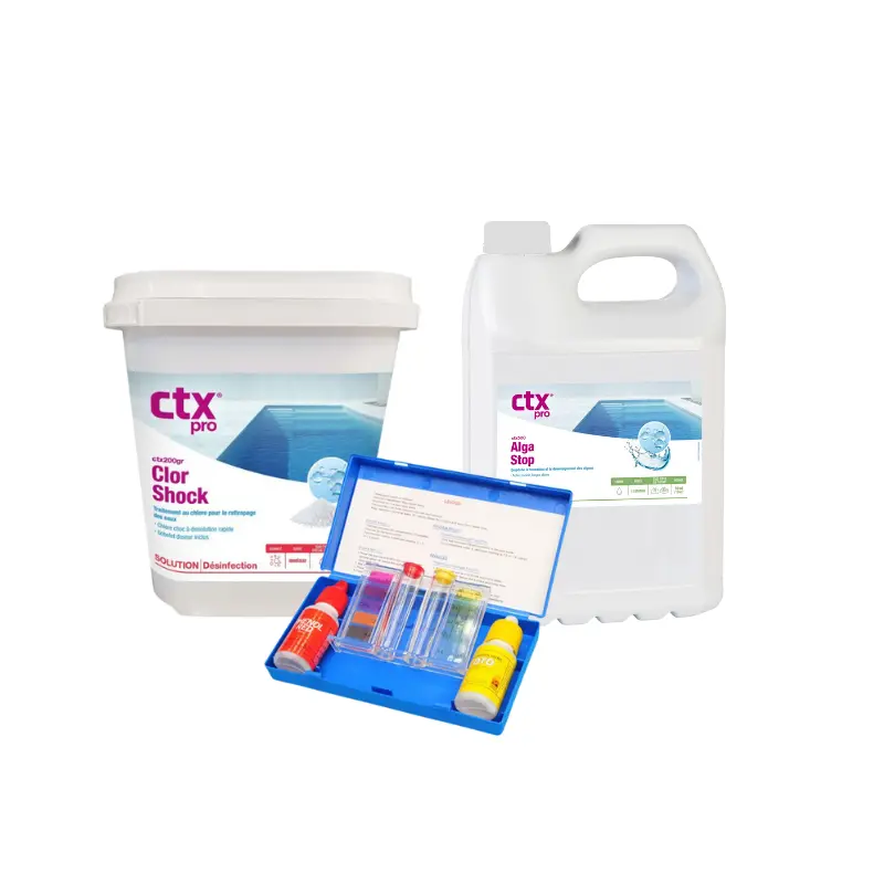 Pack eau verte piscine – Essentiel Pack eau verte piscine Essentiel – chlore choc CTX-200GR 5 kg + anti-algues CTX-500 5 L + trousse analyse pH chlore brome