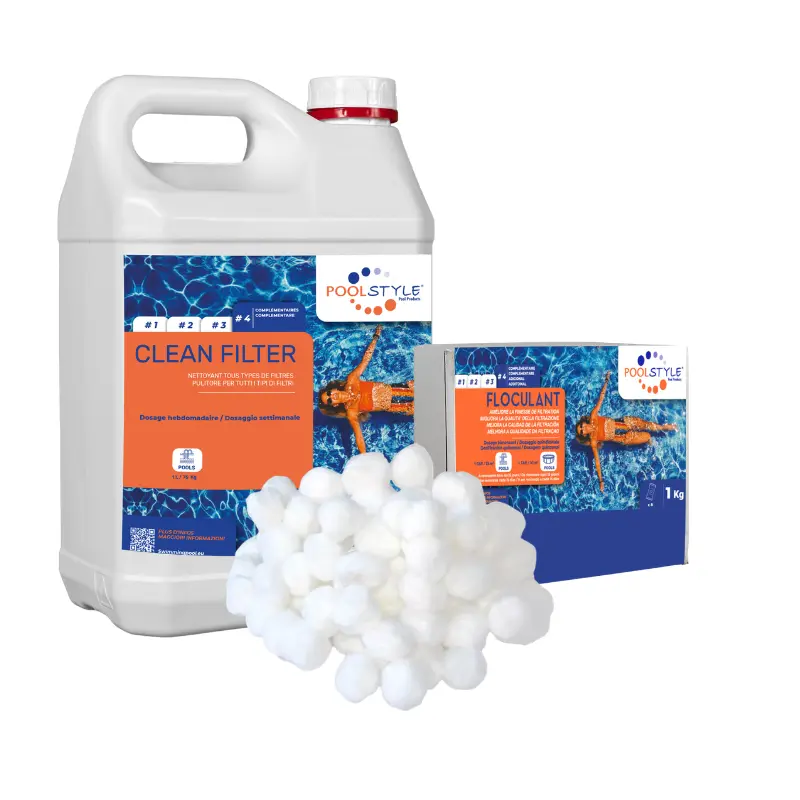 Pack nettoyage filtre piscine Confort : Nettoyant filtre 5 L + FLOC TAB 1 kg x2 + Balles filtration 100 g