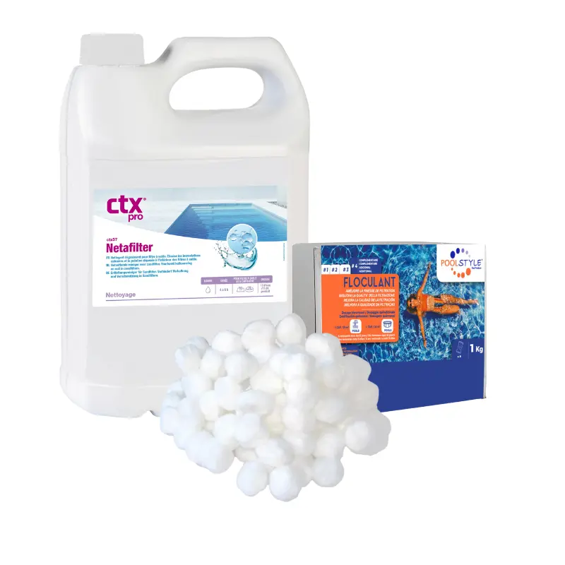 Pack nettoyage filtre piscine Confort – CTX-57 Netafilter 5 L + FLOC TAB 1 kg + balles filtrantes 700 g