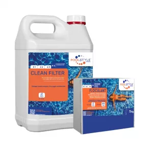 Pack nettoyage filtre piscine Essentiel – Nettoyant filtre 5 L + FLOC TAB 1 kg x2