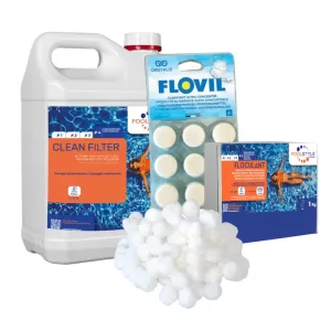 Pack nettoyage filtre piscine Premium – Nettoyant Filtre 5 L + FLOC TAB 1 kg + Balles filtration 100 g + FLOVIL 9 pastilles