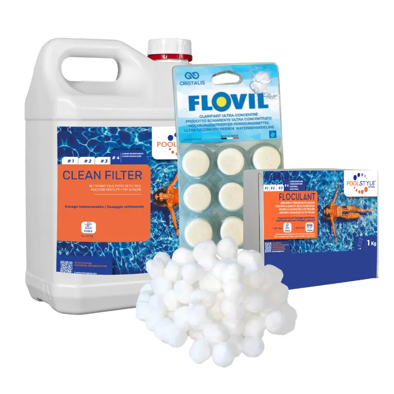 Pack nettoyage filtre piscine Premium – Nettoyant Filtre 5 L + FLOC TAB 1 kg + Balles filtration 100 g + FLOVIL 9 pastilles