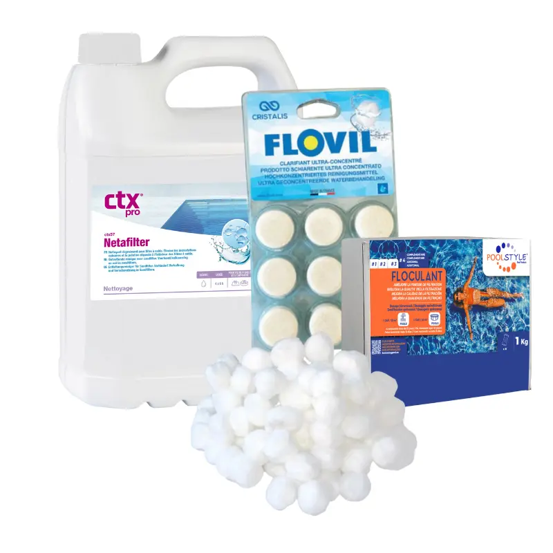 Pack nettoyage filtre piscine Premium – CTX-57 5 L + Optiball 700 g + FLOC TAB 1 kg + FLOVIL 9 pastilles