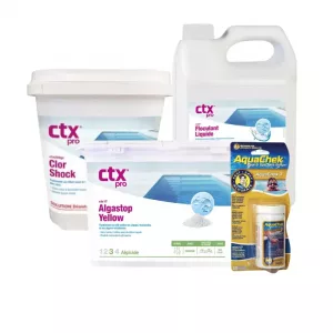 Pack algues moutarde piscine Confort – CTX-17 Algastop Yellow 1 kg + chlore choc CTX-200GR 5 kg + AquaChek 7 + floculant CTX-41 5 L