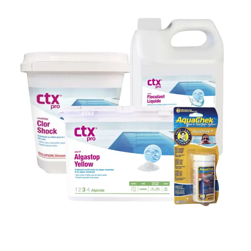 PackalguesmoutardepiscineConfort Pack algues moutarde piscine Confort – CTX-17 Algastop Yellow 1 kg + chlore choc CTX-200GR 5 kg + AquaChek 7 + floculant CTX-41 5 L