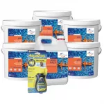 Pack correcteur pH piscine Premium – AquaChek 4-en-1 + TAC Plus 5 kg + 2x pH Plus 5 kg + 2x pH Minus 5 kg + anti-calcaire 5 L