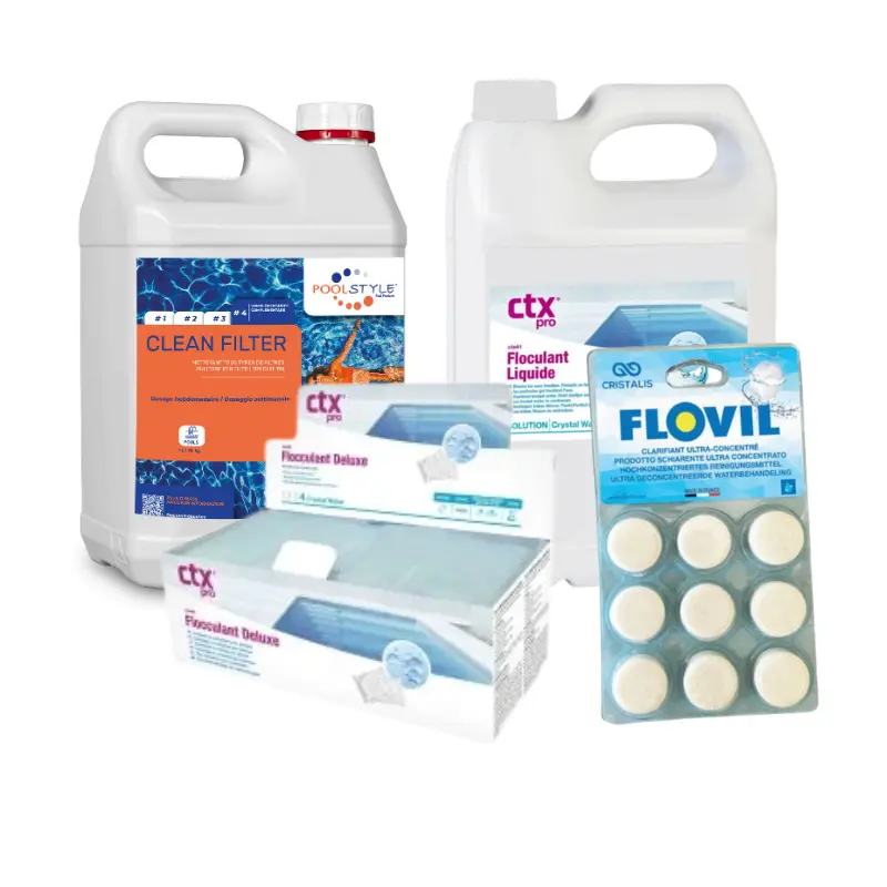 Pack eau trouble piscine Confort – Flovil 9 pastilles + floculants CTX-41 5 L & CTX-43 cartouches + nettoyant filtre 5 L