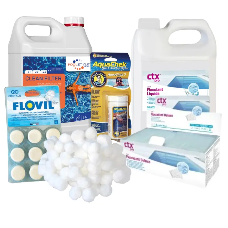 Pack eau trouble piscine Premium – AquaChek 7 + CTX-41 5 L + CTX-43 cartouches 1 kg + Flovil 9 pastilles + nettoyant filtre 5 L + balles filtration 700g