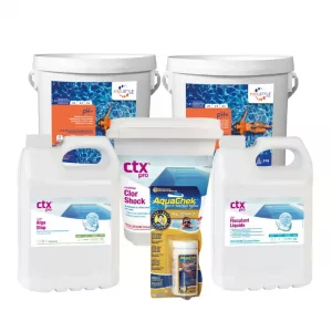 Pack eau verte piscine Confort – chlore choc 5 kg + anti-algues 5 L + floculant 5 L + pH- / pH+ + AquaChek 7