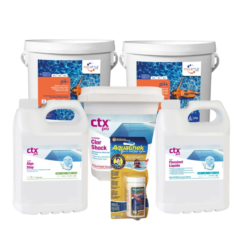 Pack eau verte piscine Confort – chlore choc 5 kg + anti-algues 5 L + floculant 5 L + pH- / pH+ + AquaChek 7