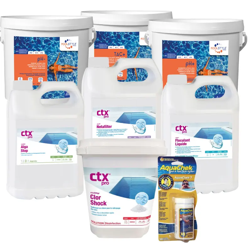 Pack eau verte piscine Premium – chlore choc 5 kg + anti-algues x2 + floculant 5 L + Aquachek 7 + pH-/pH+ + TAC+ + Netafilter