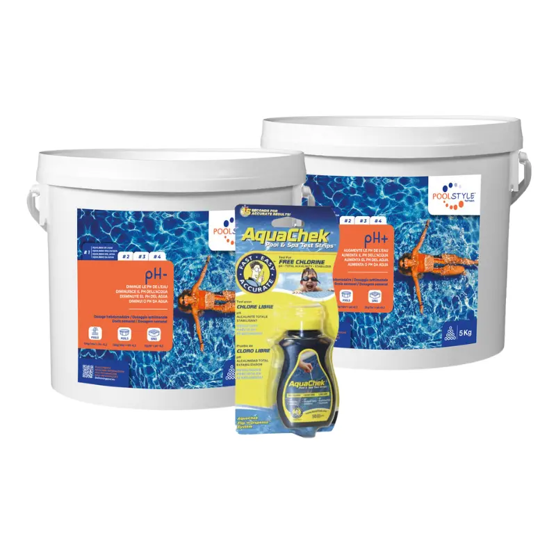 Pack correcteur pH piscine Essentiel – pH Plus 5 kg + pH Minus 5 kg + bandelettes AquaChek jaune 4-en-1